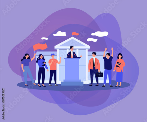 Minister speaking before audience at parliament government building. Crowd of people giving support to political speaker or election candidate. Vector illustration for politics, democracy concept
