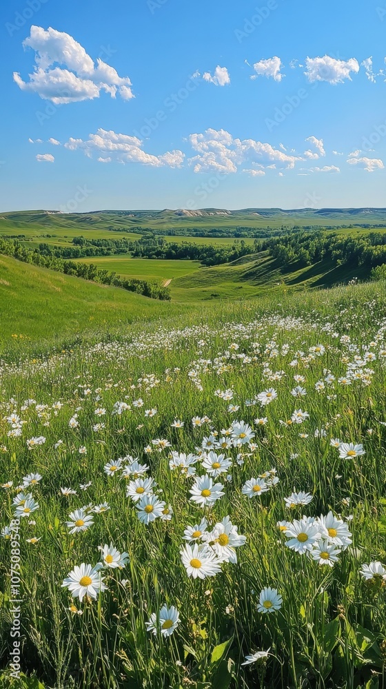 A vibrant display of wildflowers in the Red River Valley under a clear blue sky with rolling green hills in the background A vibrant display of wildflowers in the Red River Valley under a clear blue sky with rolling green hills in the background