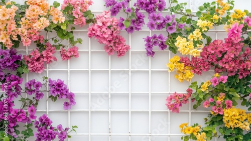 Colorful bougainvillea flowers on a white trellis wall.