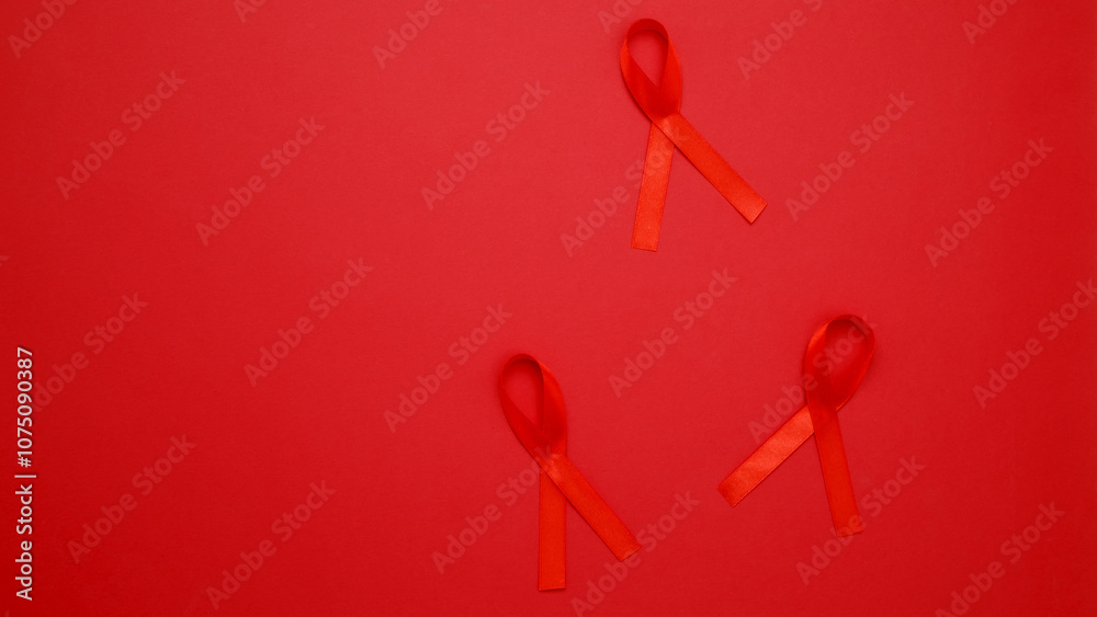 World AIDS Day. Red ribbons with awareness about AIDS on a red background World AIDS Day. Red ribbons with awareness about AIDS on a red background