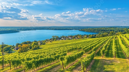 A tranquil view of verdant vineyards overlooking the expansive waters of the Finger Lakes during a sunny afternoon photo