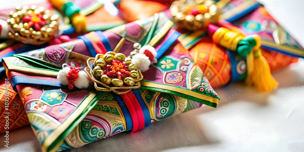 Fototapeta premium Macro Close Up of Seollal Sebae Don Gifts Concept Showcasing Traditional Money Gifts Wrapped in Decorative Envelopes with Intricate Designs and Vibrant Colors During Seollal Celebrations