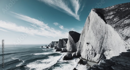 Rocky coastline with sharp cliff edges from above.
