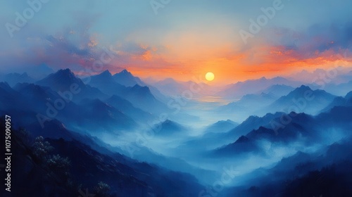 gentle sunrise illuminating misty mountains, soft pastel hues painting the sky, with fog gently rolling over the peaks, encapsulating a serene morning landscape