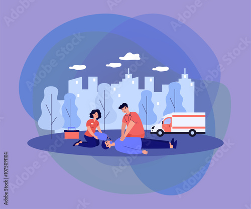 Paramedics resuscitating unconscious person. Doctor and assistant applying cardiopulmonary resuscitation to lying outside. Vector illustration for emergency, accident, first aid training concept photo