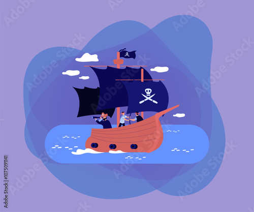 Old pirate boat with skull on black flag and canvas, captain and sailors on deck sailing in high sea. Vector illustration for buccaneers ship, water attack, piracy concept