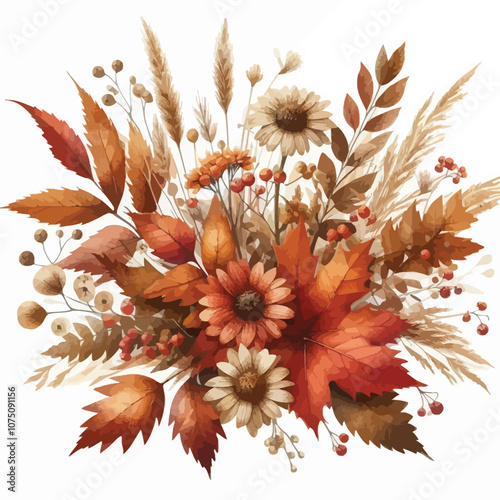 Rustic watercolor arrangement of autumn leaves and wildflowers in warm tones vector