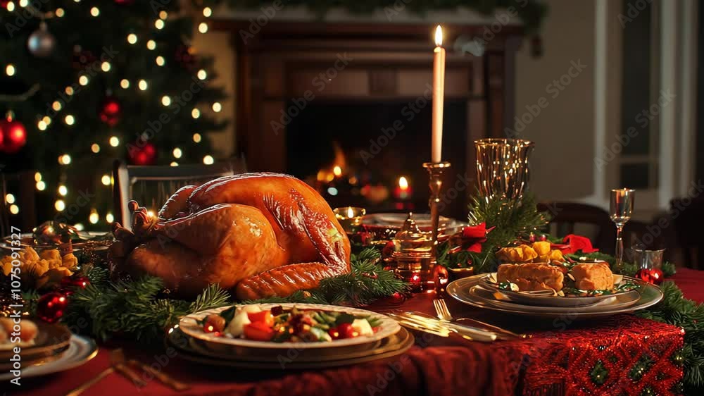 A large turkey is on a table with a Christmas tree in the background A large turkey is on a table with a Christmas tree in the background