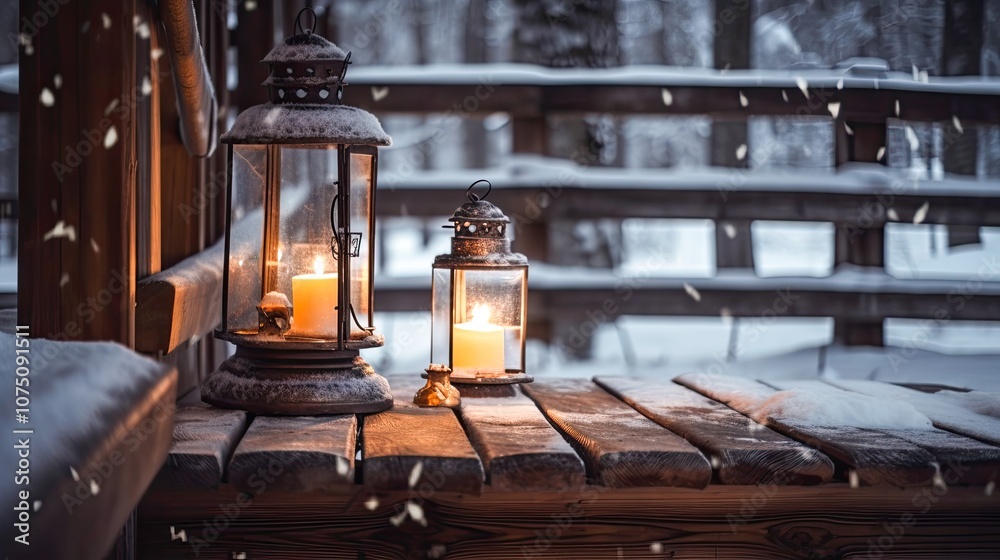 Christmas Rustic Lanterns Illuminating with Candlelight in a Snowy Winter Scene Christmas Rustic Lanterns Illuminating with Candlelight in a Snowy Winter Scene