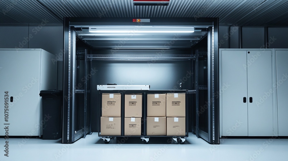 Modern Automated Warehouse Storage System with Cardboard Boxes on a Cart - Streamlined Logistics and Efficient Inventory Management Modern Automated Warehouse Storage System with Cardboard Boxes on a Cart - Streamlined Logistics and Efficient Inventory Management