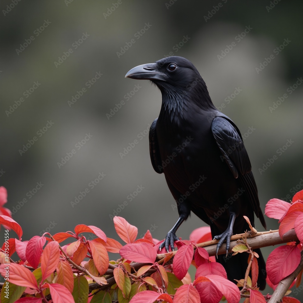 Fototapeta premium Raven perched upon vibrant tree branch