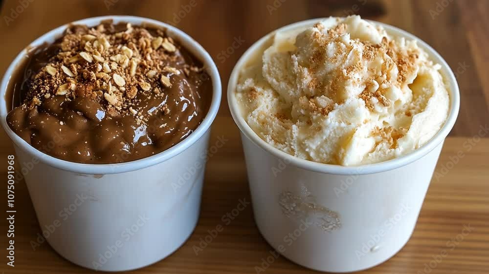 Two cups of dessert with toppings, one chocolate and one vanilla, on a wooden table Two cups of dessert with toppings, one chocolate and one vanilla, on a wooden table