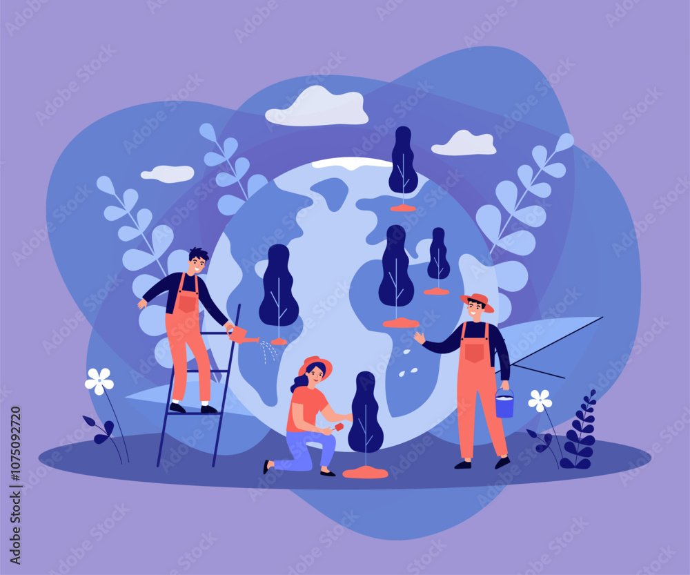 Smiling tiny people growing trees together flat vector illustration. Cartoon characters planting forest for ecology and planet protection. Reforestation and environment concept Smiling tiny people growing trees together flat vector illustration. Cartoon characters planting forest for ecology and planet protection. Reforestation and environment concept
