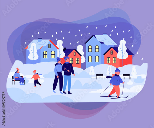 Snowy evening cityscape with happy people vector illustration. Couple walking with kids, girl skiing in park, houses covered in snow in background. Winter activities, Christmas concept