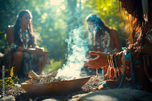 Native American women in a smoke ceremony with sage in a forest setting