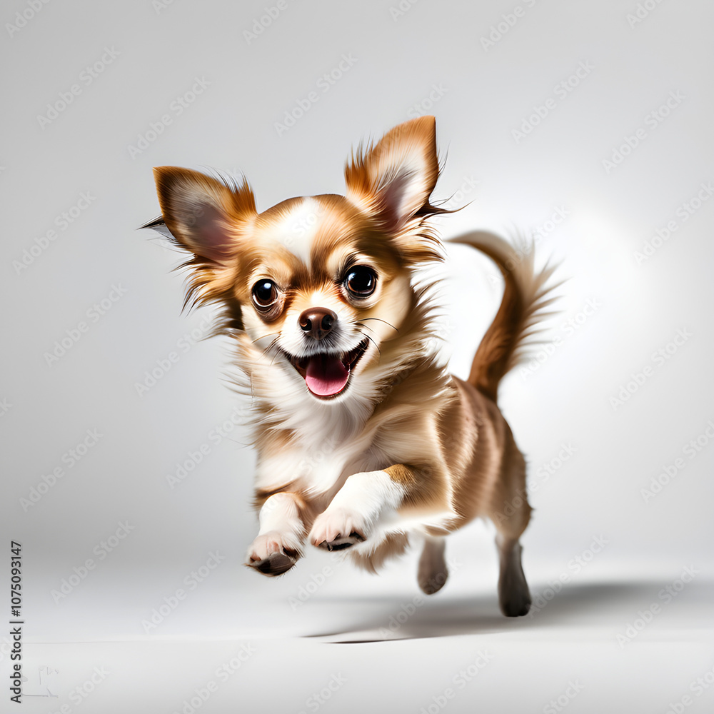 Chihuahua puppy jumping with excitement, plain white background. Chihuahua puppy jumping with excitement, plain white background.