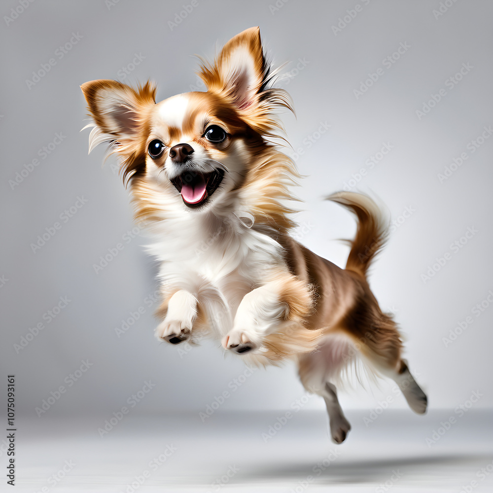 Chihuahua puppy jumping with excitement, plain white background. Chihuahua puppy jumping with excitement, plain white background.