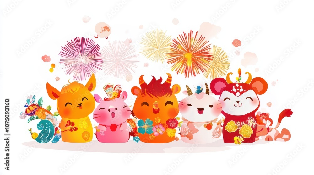 Obraz premium A playful group of cartoon animals celebrating with colorful decorations and fireworks.