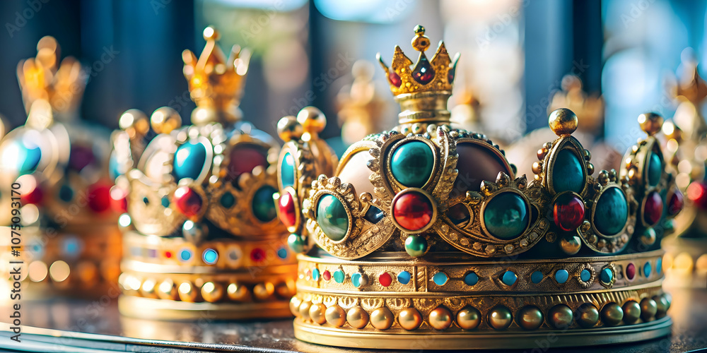 Fototapeta premium Close Up Reyes Magos Traditional Crowns Detailed Intricate Designs Festive Embellishments | Perfect for Magazine Advertisements Banners Copy Space Concept