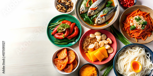 Wallpaper Mural Glossy Seollal Traditional Food Spread Background Vibrant Japchae Kimchi Fish Festive Arrangement Ample Copy Space Abundance Celebration Stock Photo Torontodigital.ca