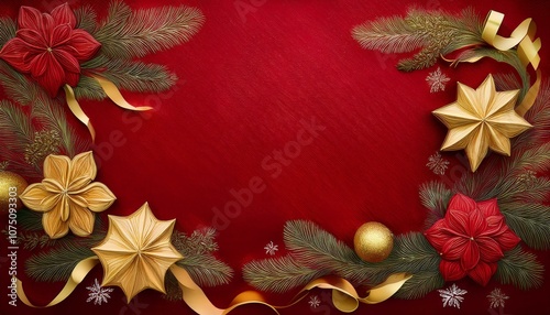 ビロードの赤い背景に金のリボンとシンプルな冬の花飾りが加わり、洗練されたクリスマスのデザインが完成。
