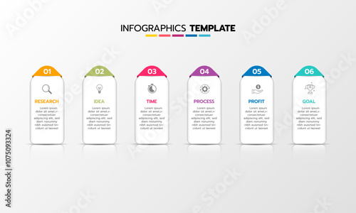 Business infographic template process with simple geometry square, rectangle, circle, triangle, curves in flat design template with thin line icons and 6 options or steps. Vector illustration.