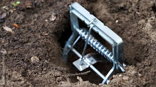 Mole trap is a trap for catching a mole in a hole in the ground. Harm from a mole in a garden plot, close-up photo