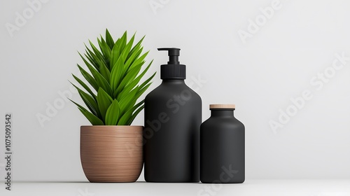 Wallpaper Mural Black Bottles with Plant and Wooden Lid on White Background. Torontodigital.ca