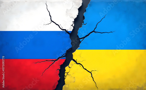 Flags of Russia and Ukraine on cracked background, conflict or war symbol