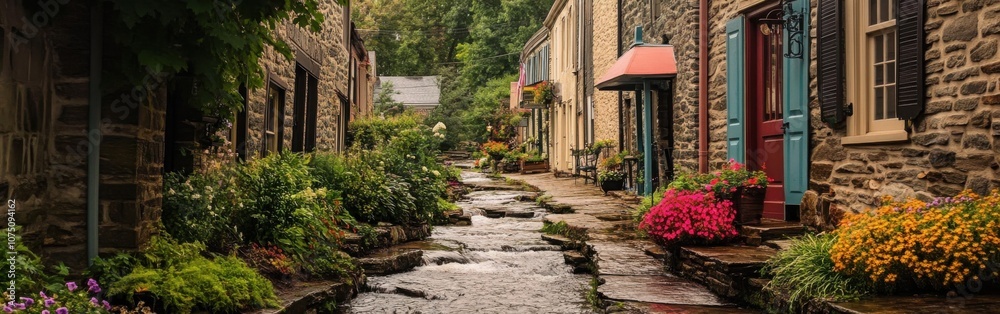 Charming village view with colorful flowers lining the stone pathway during a serene morning Charming village view with colorful flowers lining the stone pathway during a serene morning