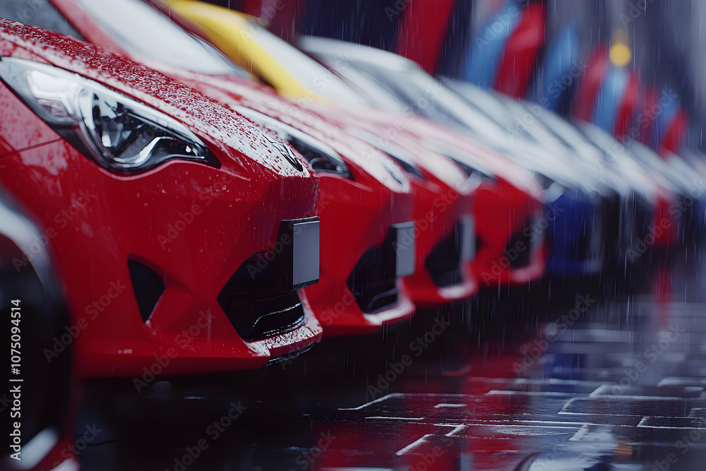 Fototapeta premium 3D Illustration Rain Wet Cars Dealership Parking Lot