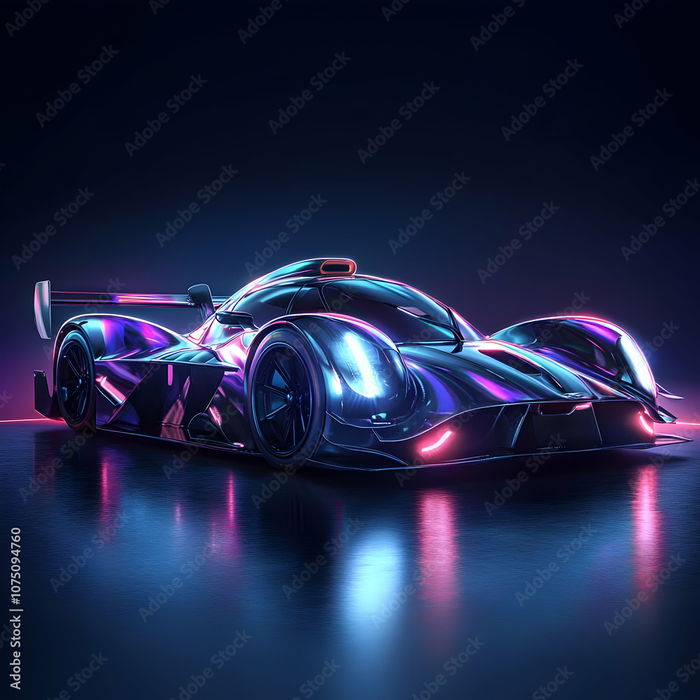 3D Futuristic Sports Car Illustration - Neon Lights, Dark Background 3D Futuristic Sports Car Illustration - Neon Lights, Dark Background