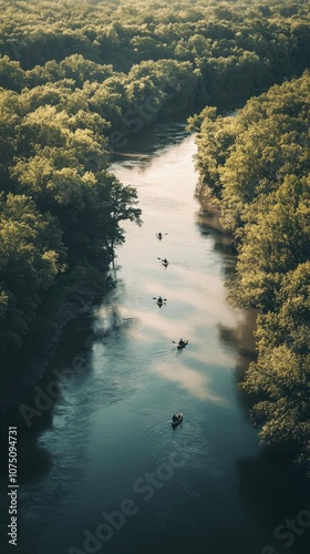 A tranquil afternoon on the Meramec River with kayakers exploring lush surroundings under gentle sunlight photo