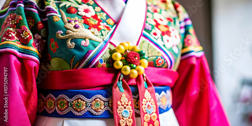 Macro Close Up Seollal Hanbok Intricate Embroidery Patterns Traditional Korean Festivity Vibrant Colors Detailed Craftsmanship Cultural Pride Ample Copy Space Photo Stock Concept