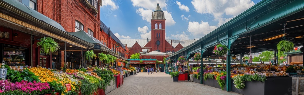 A vibrant market filled with flowers and local goods on Historic West Side under a sunny sky