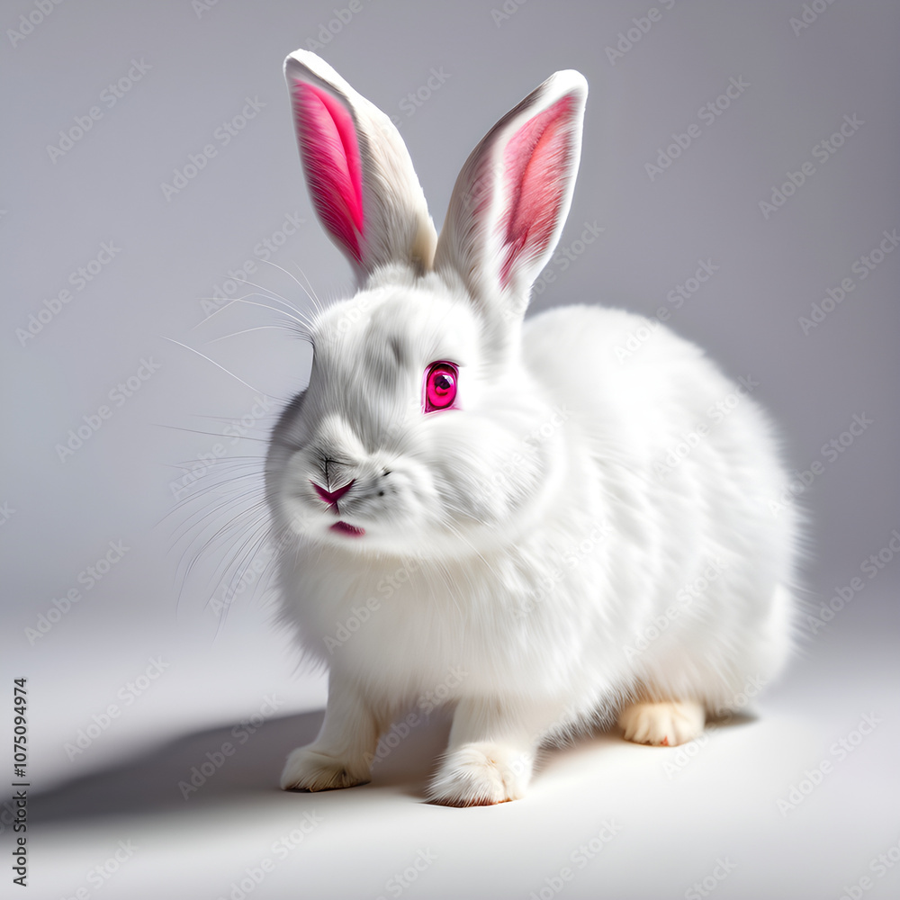 White rabbit is jumping happily. White studio background. White rabbit is jumping happily. White studio background.