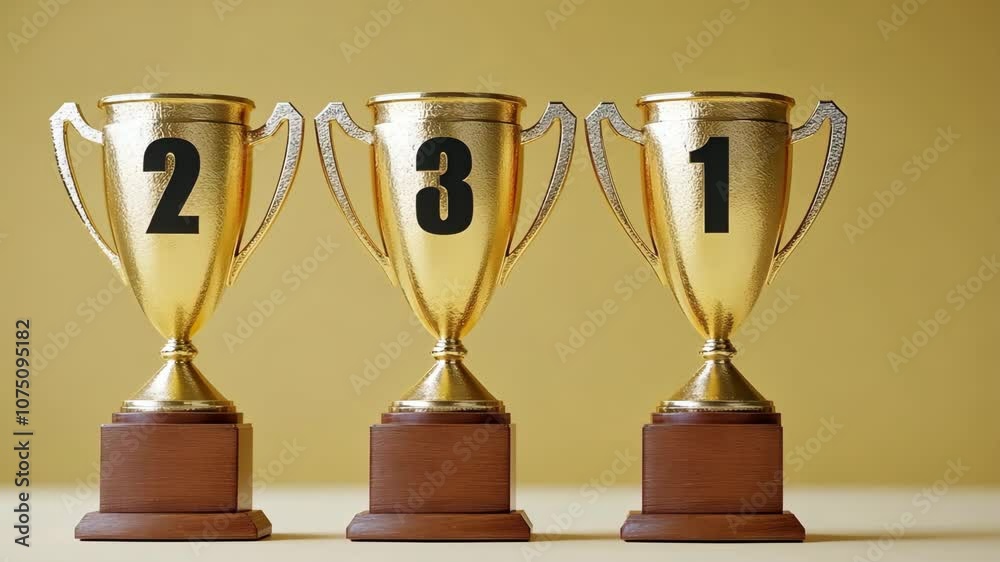 Three gold trophies with numbers 1, 2, and 3 are lined up on a table Three gold trophies with numbers 1, 2, and 3 are lined up on a table