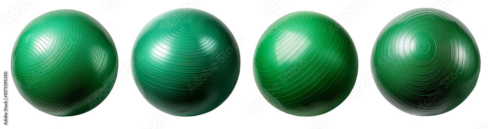 Four green exercise balls arranged in a row, isolated on a white background. Four green exercise balls arranged in a row, isolated on a white background.