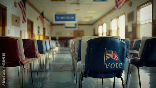 Rockwell with blue velvet b-grade cable and white paper walls in the background with flags photo