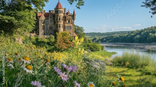 A serene view of Gillette Castle along the river surrounded by lush greenery and wildflowers on a sunny day in Connecticut photo