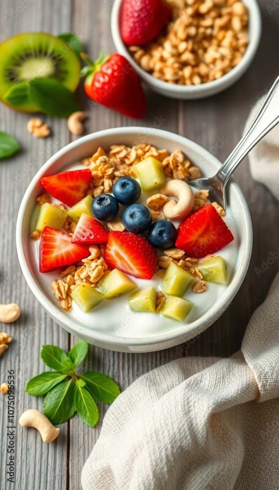 Yogurt with fresh berries and granola on wooden table, closeup, strawberries, blackberries, kiwi, fresh fruits Yogurt with fresh berries and granola on wooden table, closeup, strawberries, blackberries, kiwi, fresh fruits