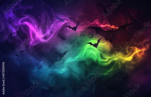 background with swirling lights, bats and colorful swirls on dark night sky for Halloween design