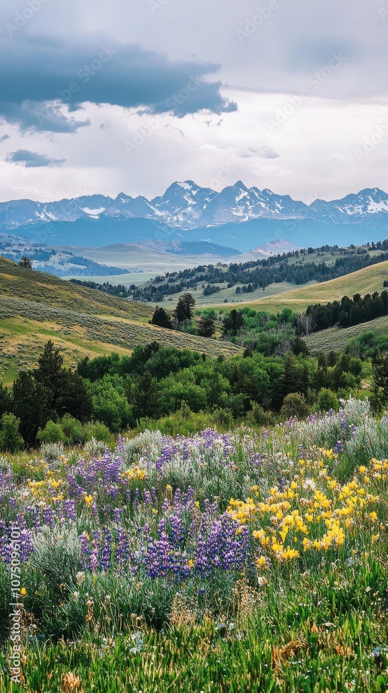 A vibrant display of wildflowers on rolling hills with snow-capped mountains under a cloudy sky in the serene wilderness A vibrant display of wildflowers on rolling hills with snow-capped mountains under a cloudy sky in the serene wilderness