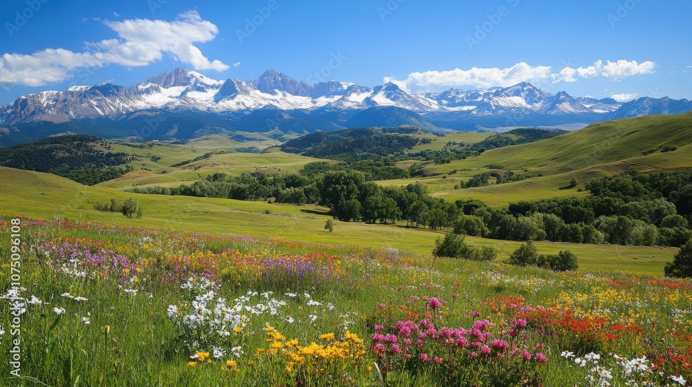 Fototapeta premium A vibrant meadow filled with wildflowers beneath majestic snow-capped mountains during a sunny day in spring