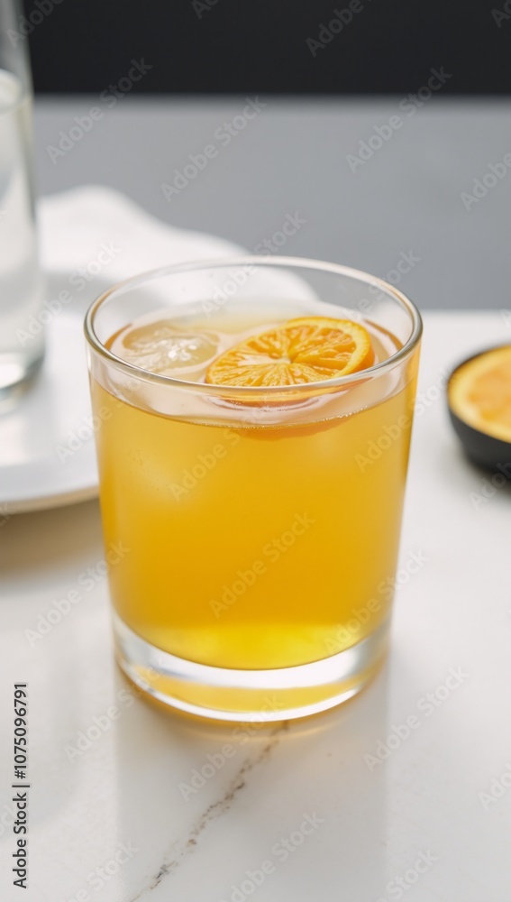 A lit-up citrusy yellow drink with an orange garnish in a glass A lit-up citrusy yellow drink with an orange garnish in a glass