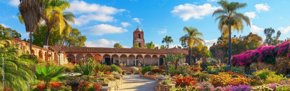A vibrant garden blooms at the historic Mission during a sunny day in California, showcasing its beautiful architecture and landscaping A vibrant garden blooms at the historic Mission during a sunny day in California, showcasing its beautiful architecture and landscaping