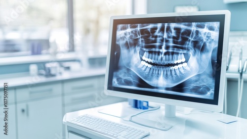 Close-up of dental X-ray displayed on a monitor in clinic.