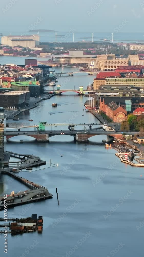 Aerial drone view of Borsen historical place in Copenhagen, Denmark. Vertical