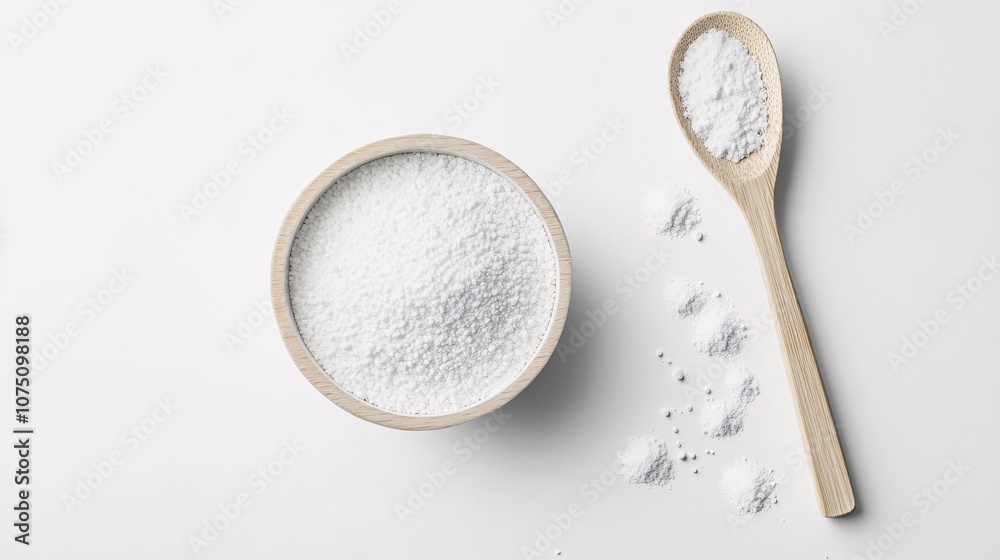 A Wooden Bowl and Spoon with White Powder: A Minimalist Culinary Scene A Wooden Bowl and Spoon with White Powder: A Minimalist Culinary Scene