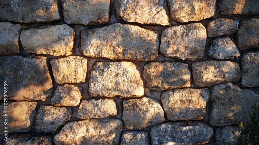 Obraz premium Intricate Shadows on Stone Walls, warm sunset light creating detailed patterns on rugged surfaces, evoking tranquility and beauty.